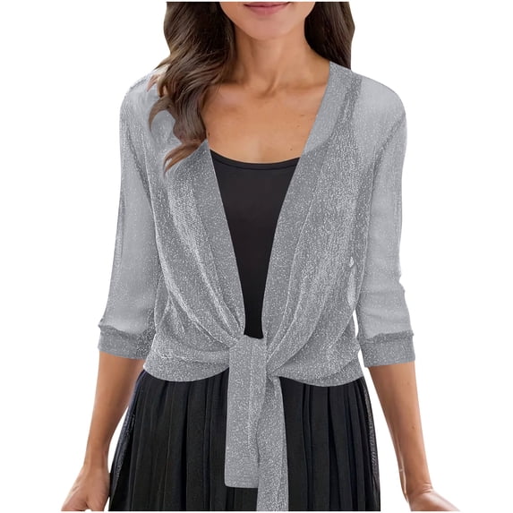 WMTBSRSW Sequin Sheer Shrug Cardigan Lightweight 3/4 Sleeve Open Front Cardigans Breathable Mesh Tie Front Cover Up for Dresses Evenings Beach Gray XX-Large