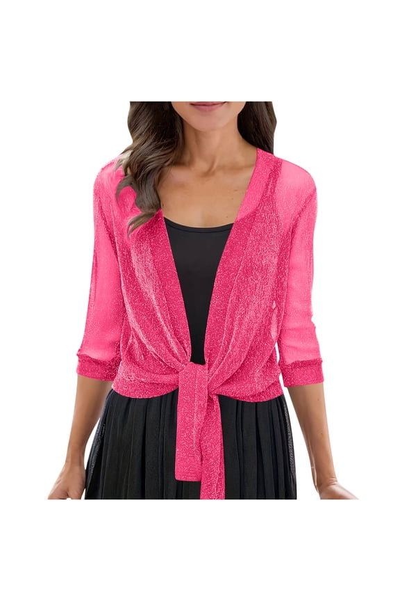 Sequin Sheer Shrug Cardigan Lightweight 3/4 Sleeve Open Front Cardigans Breathable Mesh Tie Front Cover Up for Dresses Evenings Beach Hot Pink Large
