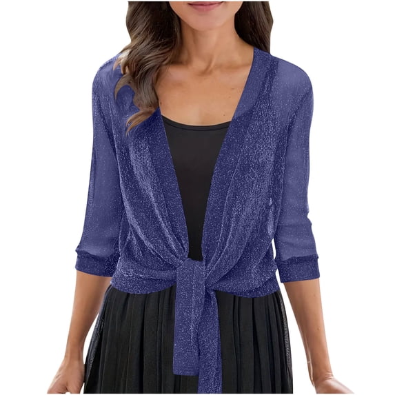 WMTBSRSW Sequin Sheer Shrug Cardigan Lightweight 3/4 Sleeve Open Front Cardigans Breathable Mesh Tie Front Cover Up for Dresses Evenings Beach Navy Medium