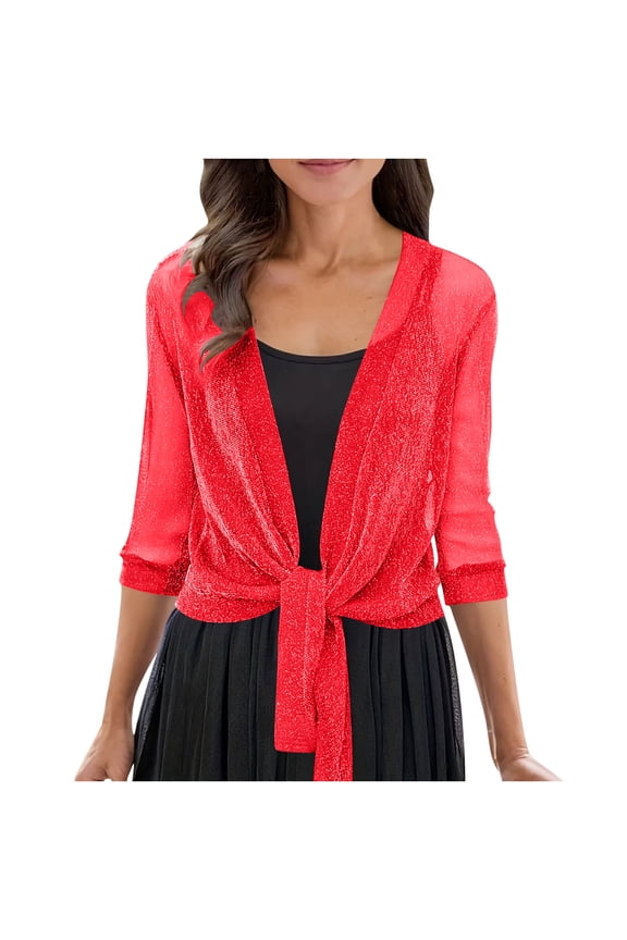 Sequin Sheer Shrug Cardigan Lightweight 3/4 Sleeve Open Front Cardigans Breathable Mesh Tie Front Cover Up for Dresses Evenings Beach Red Large