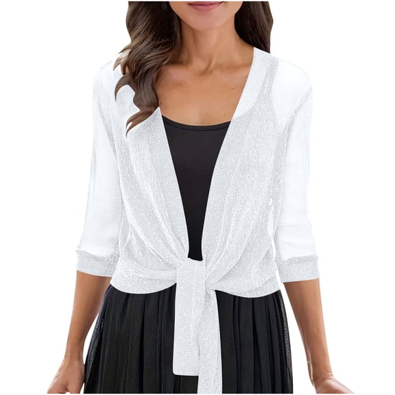WMTBSRSW Sequin Sheer Shrug Cardigan Lightweight 3/4 Sleeve Open Front Cardigans Breathable Mesh Tie Front Cover Up for Dresses Evenings Beach White 3X-Large