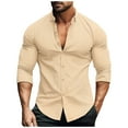 thumbnail image 1 of WMTBSRSW Shirts for Men V Neck 3/4 Sleeve Loose Fit Waffles Cuban Camp Beach Shirts Casual Button Down Tropical ummer Beach Wedding Blouses Tops Clearance, 1 of 5