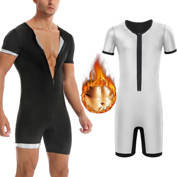 WMTBSRSW Short Sleeve Sauna Suits for Men Sauna Front Zipper One Piece Full Body Shaper for Yoga Workout Exercise Fitness Silver Small