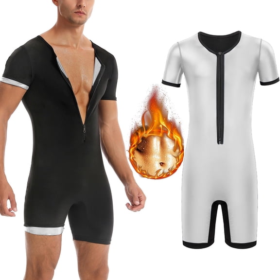 WMTBSRSW Short Sleeve Sauna Suits for Men Sauna Front Zipper One Piece Full Body Shaper for Yoga Workout Exercise Fitness Silver Small