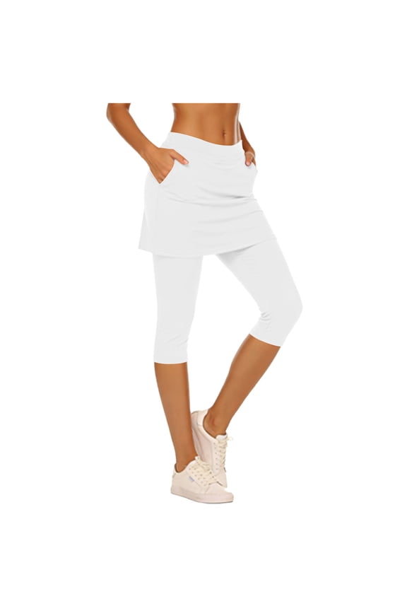 Skirted Capri Leggings for Women High Waisted Athletic Skirt with Cropped Leggings Stretchy Workout Yoga Tennis Mini Skort with Pockets for Golf Pickleball White Small