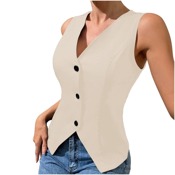 WMTBSRSW Sleeveless Blazer Vest for Women Slim Fit Dressy Button Down Sleeveless Jackets V Neck Business Casual Outfits Work Suit Vests Tops Beige
