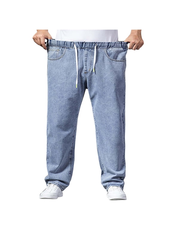 Stretch Waisted Jean Pant for Men Straight Leg Work Denim Pants Loose Casual Drawstring Boyfriend Trousers Lounge Baggy Pants Big and Tall Available