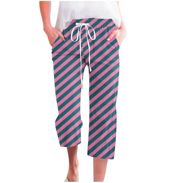 WMTBSRSW Striped Capris for Women 2025 Trendy Straight Leg Pants Loose Casual Lounge Cropped Pants with Pockets Summer Beach Drawstring Pants