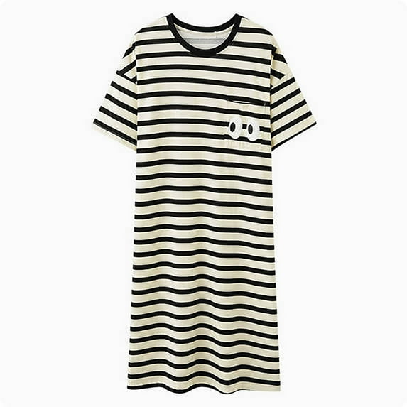 WMTBSRSW Striped Nightgowns for Women Comfy Cotton Oversized T Shirt Dress Loose Casual Short Sleeve Crewneck Sleep Dress Long Sleepwear