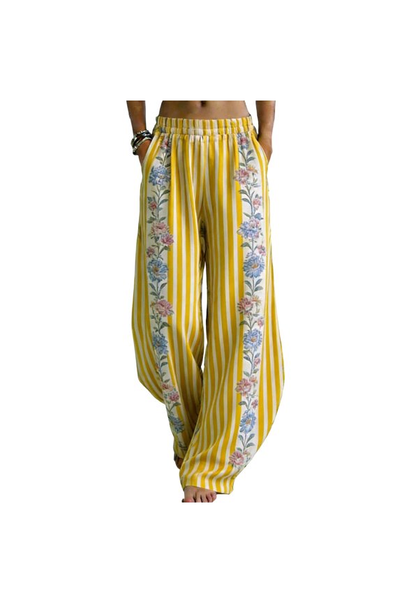 Summer Boho Pants Vintage Floral Print Wide Leg Palazzo Pants with Pockets Flowy High Waisted Travel Trousers with Pockets XX-Large Yellow