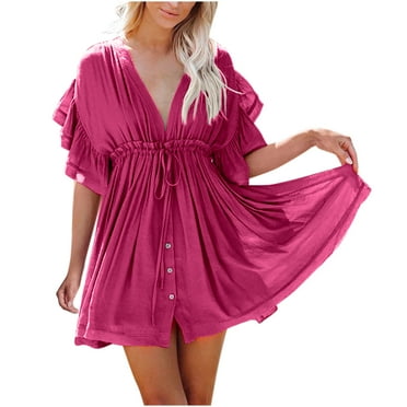 WMTBSRSW Summer Dresses for Women 2024 Short Sleeve V Neck Button Drawstring Casual Flowy Ruffle A Line Swing Mini Babydoll Tunic Dress Prime Day