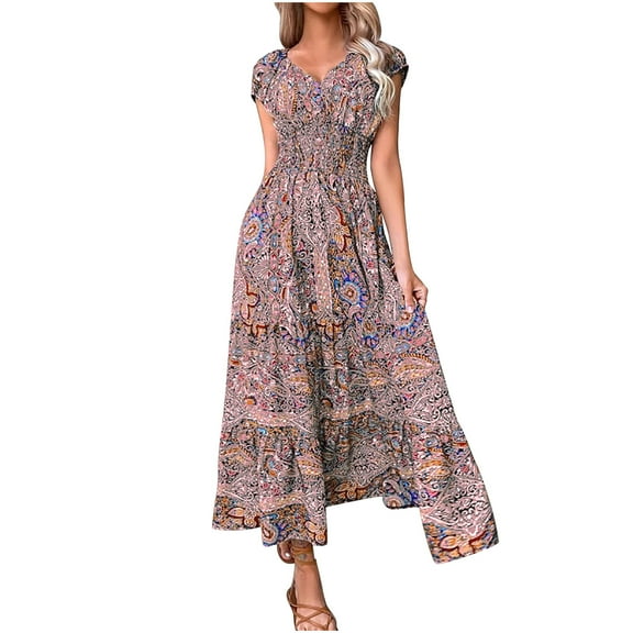 WMTBSRSW Summer Dresses for Women 2024 Trendy Bohemia Floral Flowy Elegant Beach Maxi Dress Casual Loose Fit Short Sleeve V Neck Long Dress
