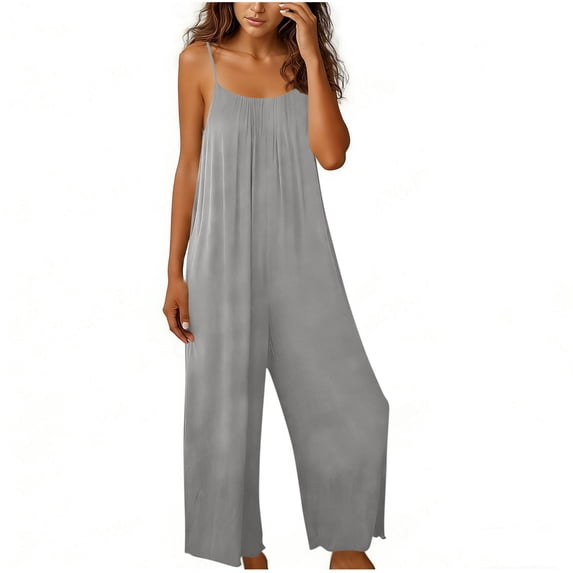 WMTBSRSW Summer Jumpsuits for Women Casual Pleated Backless One Piece Pants Spaghetti Strap Romper Beach Vacation Outfits Travel Clothes Large Gray