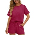 thumbnail image 1 of WMTBSRSW Summer Outfits for Women Crew Neck Two Piece Shorts Sets Short Sleeve Drawstring Sweatsuit with Pockets Small Hot Pink, 1 of 4