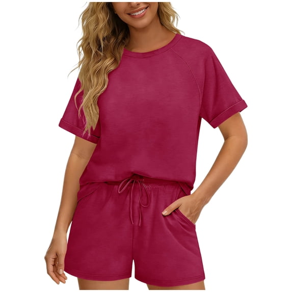WMTBSRSW Summer Outfits for Women Crew Neck Two Piece Shorts Sets Short Sleeve Drawstring Sweatsuit with Pockets Small Hot Pink