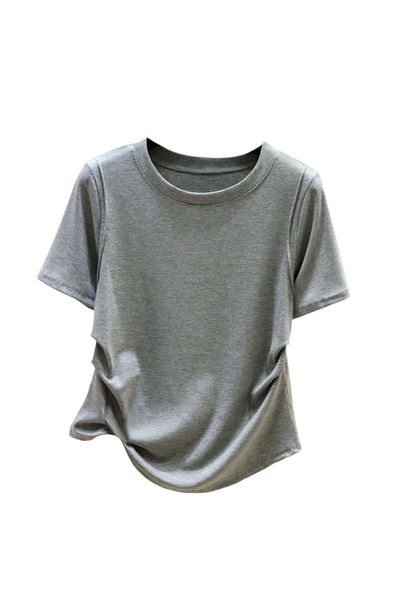 Summer T Shirts for Women High Stretchy Ribbed Crewneck Tops Side Ruched Round Neck Tee Solid Casual Beasis Shirt Gray XX-Large