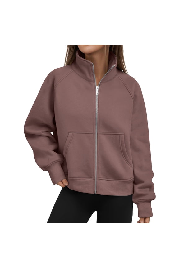 Sweatshirts for Women Trendy Zip up Sweatshirt Jackets Stand Collar Bomber Jacket Solid Long Sleeve Casual Loose Outwear with Pockets Coffee