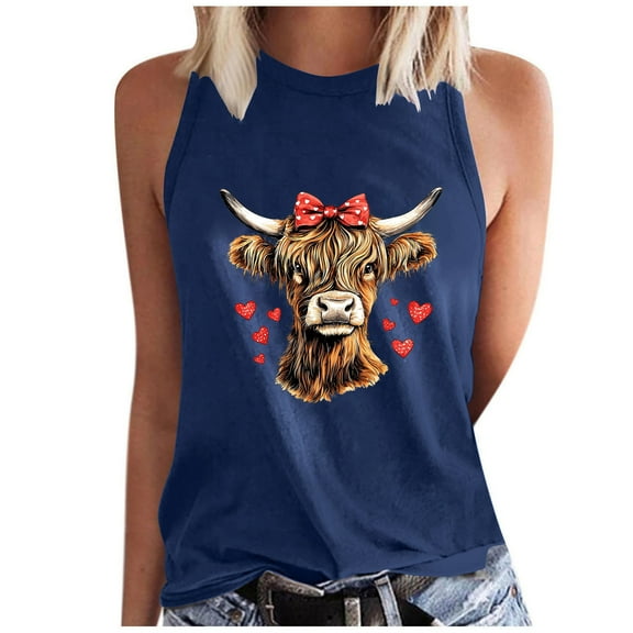 WMTBSRSW Tank Tops for Women Cute Highland Cow Printed Crewneck T Shirts Casual Summer Sleeveless Blouse Tops