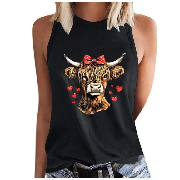 WMTBSRSW Tank Tops for Women Cute Highland Cow Printed Crewneck T Shirts Casual Summer Sleeveless Blouse Tops