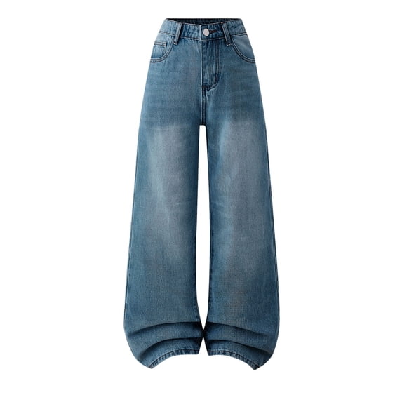 WMTBSRSW Teen Girls Wide Leg Jeans Cute High Waisted Baggy Denim Pants with Pockets Y2K Boyfriend Skater Streetwear Kids Clothes Dark Blue 15-16 Years