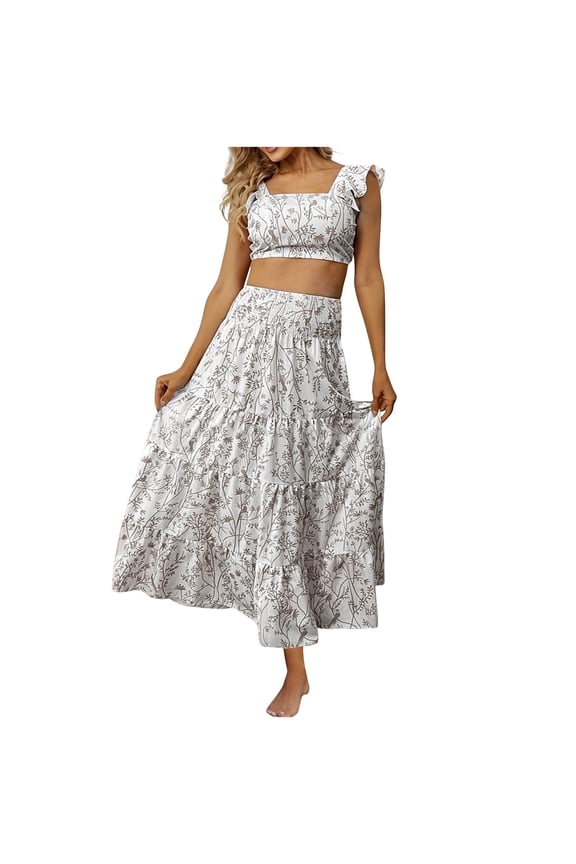 Two Piece Outfits for Women Floral Flowy Sleeveless Cropped Tank Tops and Tiered Ruffle Maxi Skirt Set Lightweight Casual Beach Vacation Sets