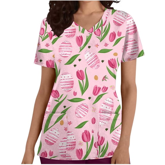 WMTBSRSW V Neck Easter Scrubs Shirts for Women with Pockets Cute Easter Graphic T Shirts Colorful Summer Work Scrub Tops Casual Short Sleeve Tee Pink 4X-Large