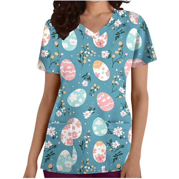 WMTBSRSW V Neck Easter Scrubs Shirts for Women with Pockets Cute Easter Graphic T Shirts Colorful Summer Work Scrub Tops Casual Short Sleeve Tee Sky Blue 3X-Large