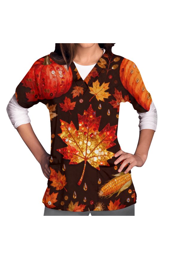 V Neck Print Scrub Tops for Women Thankgiving Short Sleeve Scrub Shirts Stretchy Funny Turkey Graphic Holiday Nurse Uniform with 2 Pockets