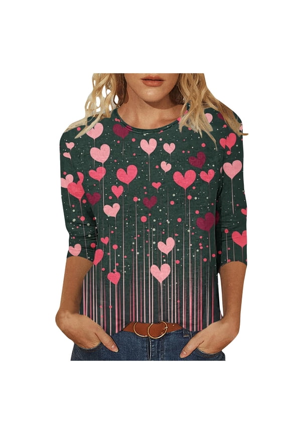 Valentine's Day Plus Size S-5XL Tops for Women Cute Heart Print Crewneck Shirts Causal Dressy 3/4 Sleeve Tunic Top Loose Graphic Tee