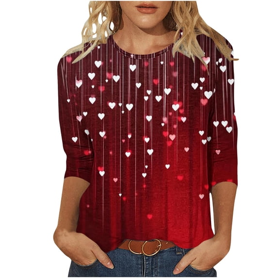 WMTBSRSW Valentines Tee for Women Plus Size 3/4 Sleeve Shirts Cute Love Print Crewneck Tops Loose Casual Spring Blouse