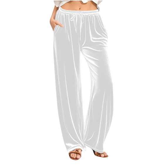 WMTBSRSW Velvet Pants for Women Casual Wide Leg Pants Stretchy High Waisted Velour Drawstring Pants Full Length Trousers with Pockets White Large