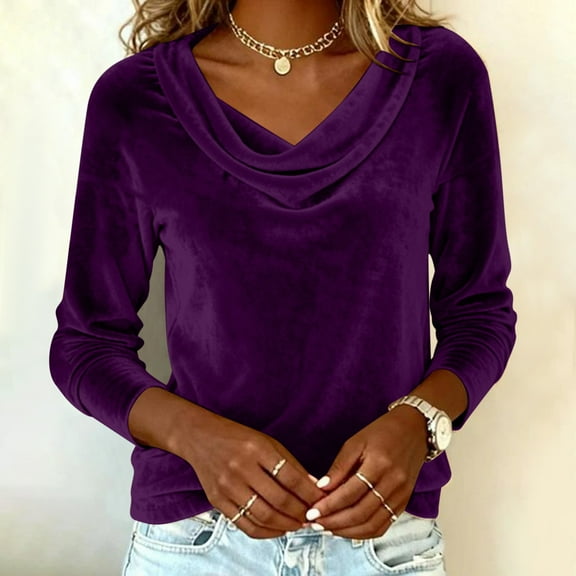 WMTBSRSW Velvet Tops for Women Trendy Velour V Neck Long Sleeve Shirts Casual Pullover Fall Winter Blouses Top