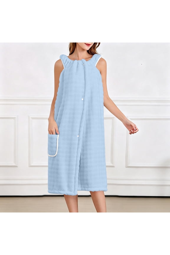 Womens Soft Fuzzy Sleeveless Robes Plush Button Down Open Front Bathrobe with Pockets Lightwieght Spa Sleep Wear High Absorption Free Size Light Blue