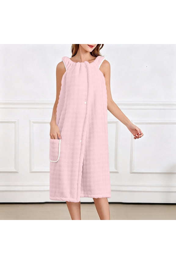 Womens Soft Fuzzy Sleeveless Robes Plush Button Down Open Front Bathrobe with Pockets Lightwieght Spa Sleep Wear High Absorption Free Size Pink