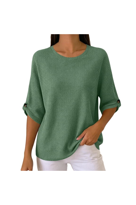 Waffle Knit Tops for Women Half Sleeve Pullover Solid Loose Casual Crewneck Blouse Fall Tee