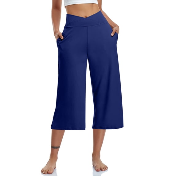 WMTBSRSW Wide Leg Capri Pants for Women Crossover Casual Crop Capris Pants with Pockets High Waisted Kneen Length Pants for Yoga Workout Gym