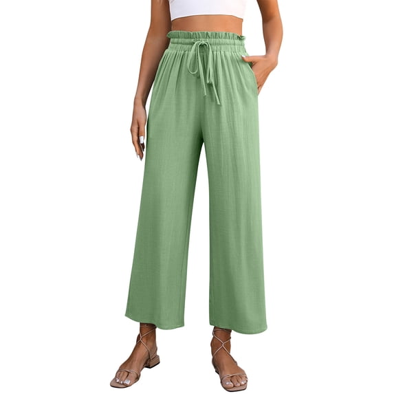 WMTBSRSW Wide Leg Linen Pants for Women Ruffle Tie High Waisted Boho Beach Flowy Pocketed Pant Solid Color Comfy Boho Vacation Travel Trousers Green S