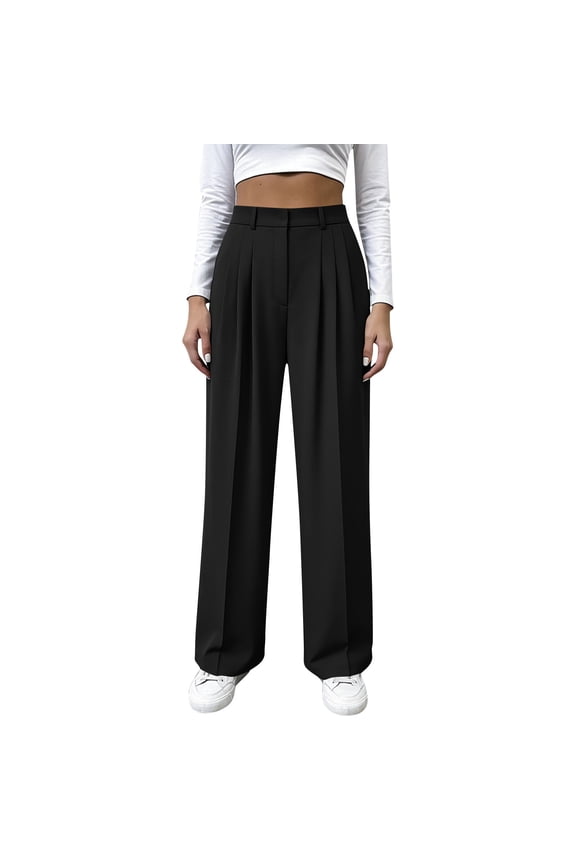 Wide Leg Pants Women High Waisted Pull on Work Slacks Business Casual Pleated Dress Pants Trousers with Pockets Medium Black