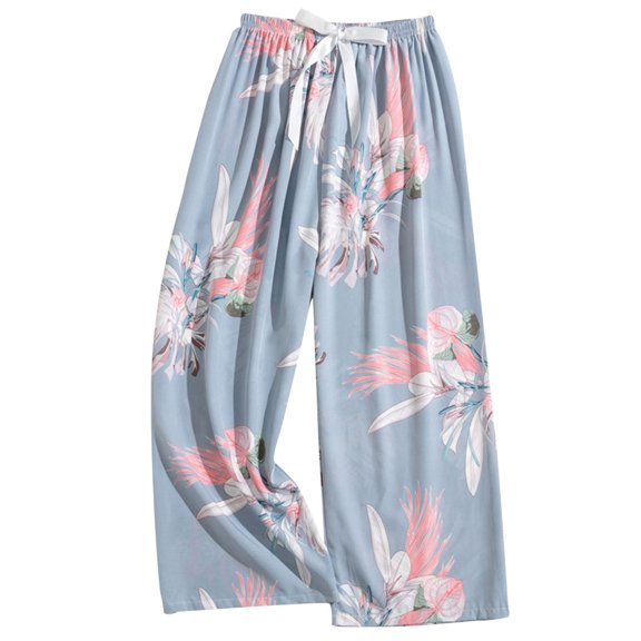 WMTBSRSW Wide Leg Pants for Womens Floral Print Flowy Boho Palazzo Pants Comfy Elastic Waist Cropped Trousers Summer Beach Vacation Clothes Navy Free Size