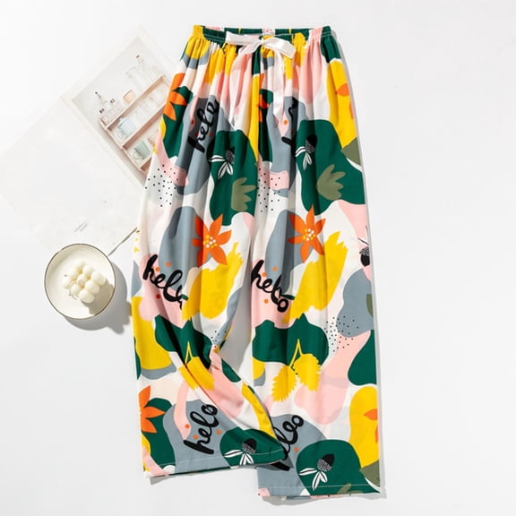 WMTBSRSW Wide Leg Pants for Womens Floral Print Flowy Boho Palazzo Pants Comfy Elastic Waist Cropped Trousers Summer Beach Vacation Clothes Yellow Free Size