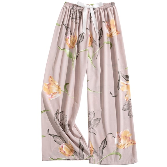 WMTBSRSW Wide Leg Pants for Womens Floral Print Flowy Boho Palazzo Pants Comfy Elastic Waist Cropped Trousers Summer Beach Vacation Clothes Yellow3 Free Size