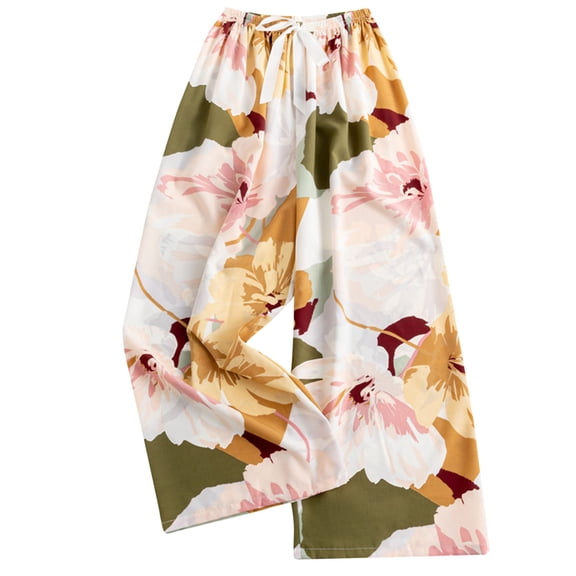 WMTBSRSW Wide Leg Pants for Womens Floral Print Flowy Boho Palazzo Pants Comfy Elastic Waist Cropped Trousers Summer Beach Vacation Clothes Yellow4 Free Size