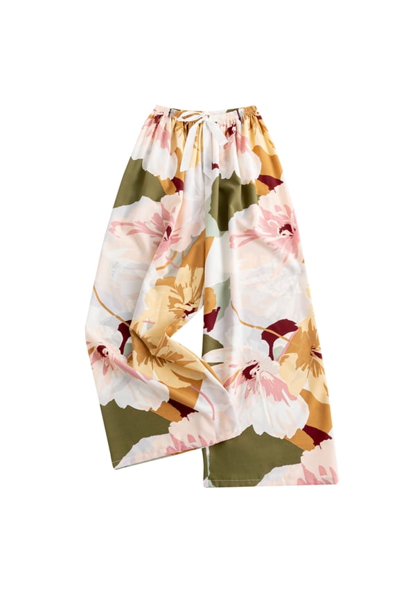 Wide Leg Pants for Womens Floral Print Flowy Boho Palazzo Pants Comfy Elastic Waist Cropped Trousers Summer Beach Vacation Clothes Yellow4 Free Size