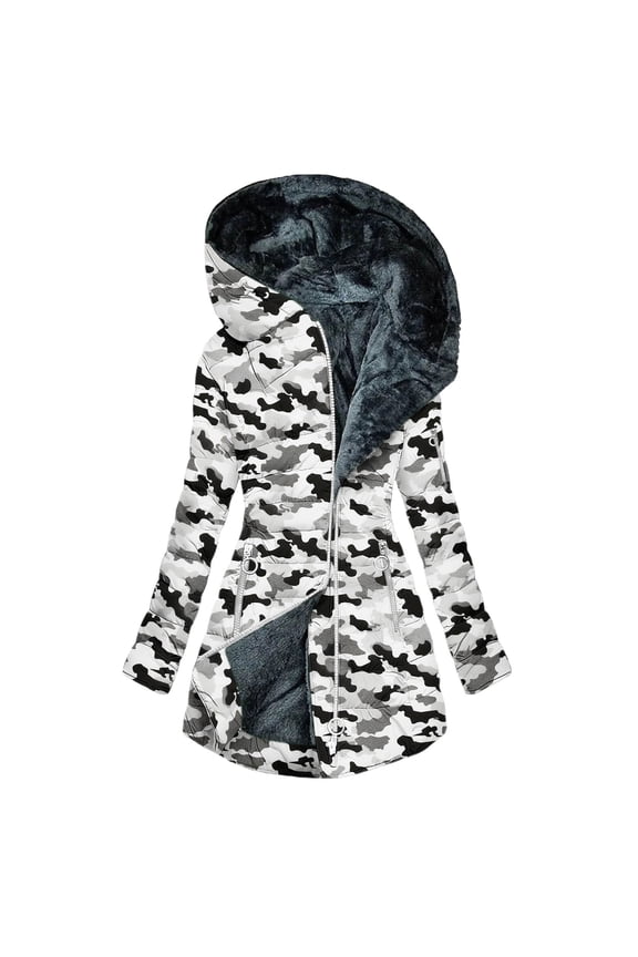 Winter Warm Coat for Women Trendy Plaid Fleece Linedn Hooded Jackets Thicken Long Sleeve Full Zip Jackets Slim Fit Outwear with Pockets White XX-Large