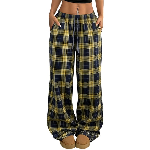 WMTBSRSW Wmens Baggy Sweatpants Style Plaid Flowy Wide Leg Pants with Pockets Comfy Loose Casual Travel Trousers