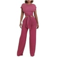 thumbnail image 1 of WMTBSRSW Women 2 Piece Outfits Fashion Two Piece Set Tie Front Short Sleeve Crop Tops and Straight Leg Pants Sets Ribbed Knit Lounge Outfits, 1 of 5