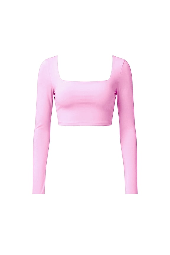 Women 2 Piece Workout Sets Long Sleeve Square Neck Crop Tops Yoga Shorts Sets Comfy Seamless Stretchy Activewear Matching Set Pink Large