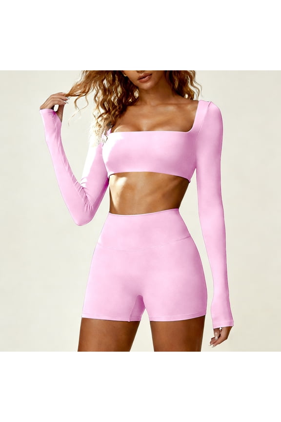 Women 2 Piece Workout Sets Long Sleeve Square Neck Crop Tops Yoga Shorts Sets Comfy Seamless Stretchy Activewear Matching Set Pink Large