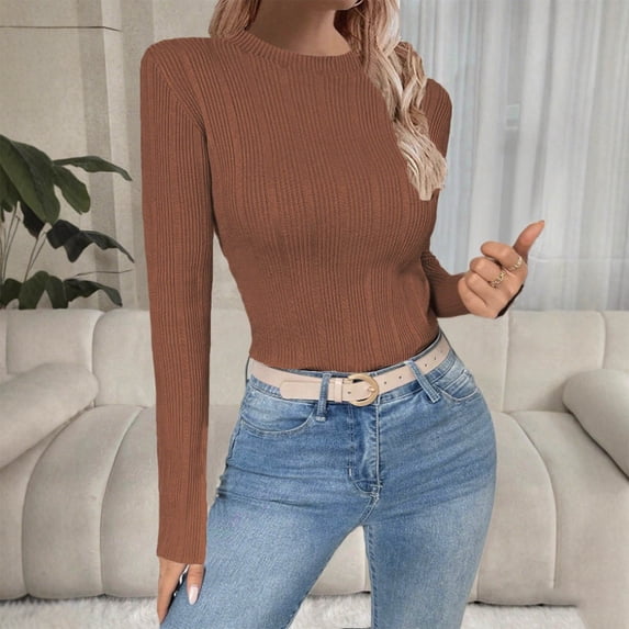 WMTBSRSW Women Crewneck Sweater Slim Fitted Long Sleeve Shirts Fall Ribbed Knit Basic Tops Fall Winter Clothes Coffee Medium