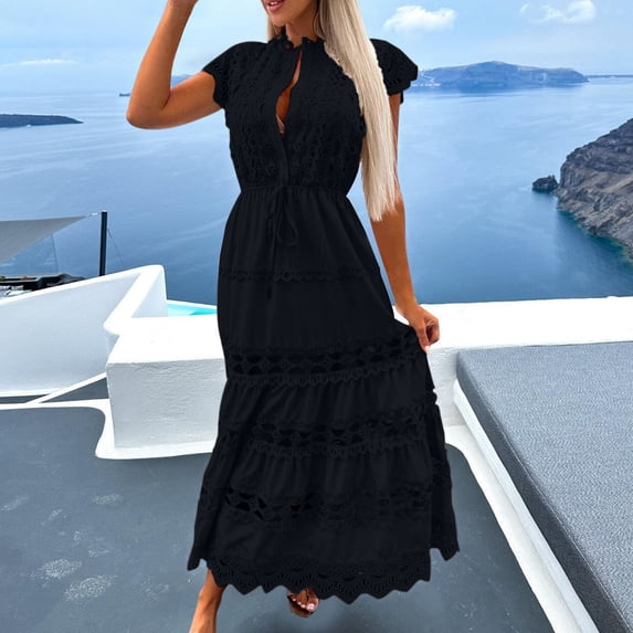 WMTBSRSW Women Eyelet Dresses 2024 Summer V Neck Button Tie Short Sleeve Maxi Dress Solid Hollow Out Lace Crochet Tiered Solid Flowy Cocktail Dresse